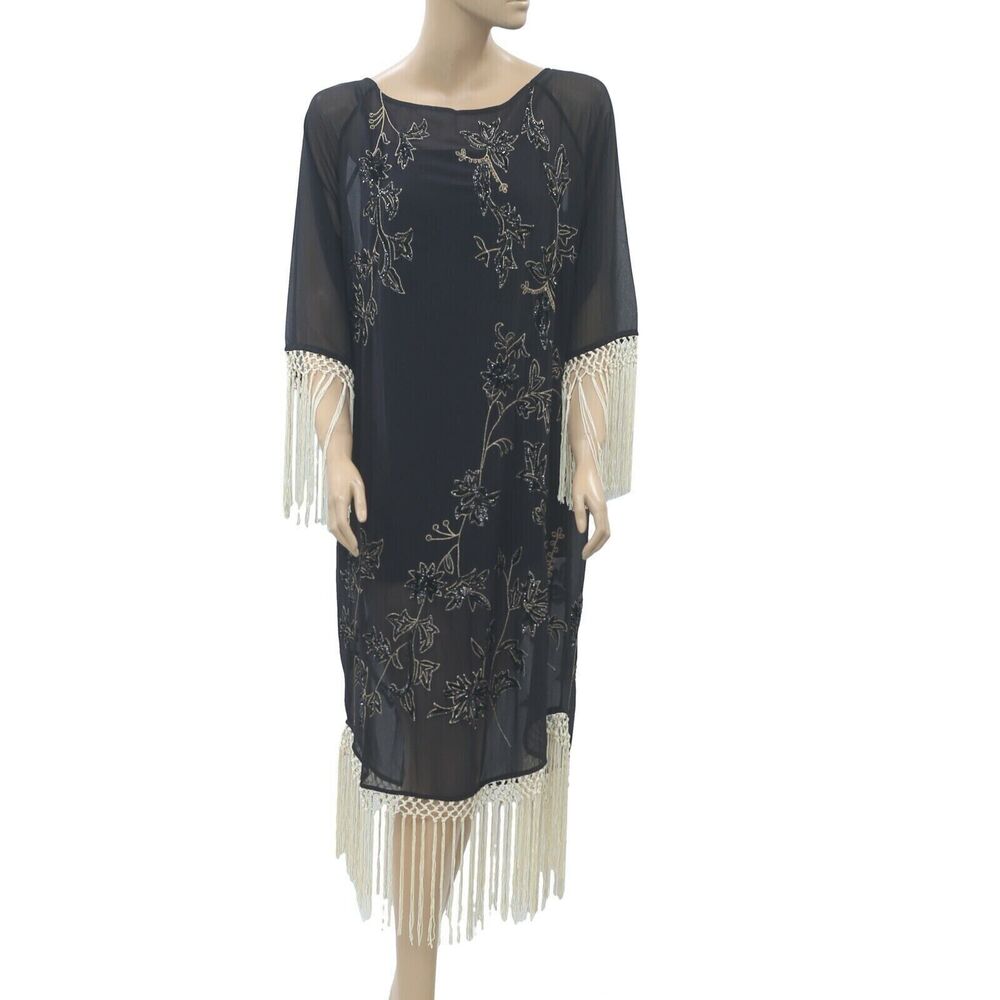 267181 Uterque Kaftan Fringes Embroidered Midi Dress Beaded Embellished Black S
